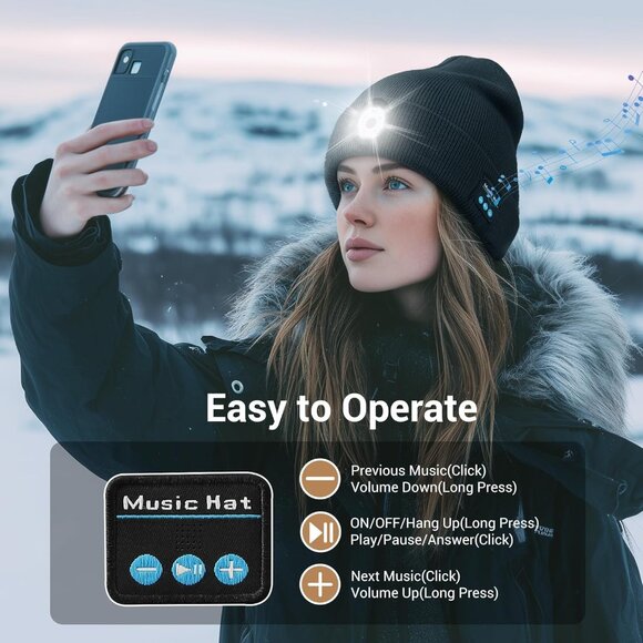 Bluetooth Beanie with Light, LED Beanie with Built-in Speaker and Microphone, Un - Picture 3 of 7